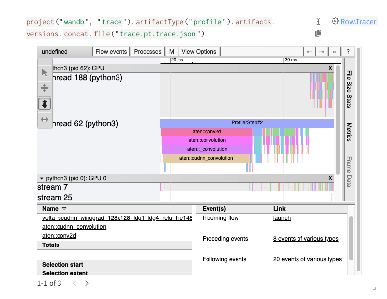 W&B ダッシュボード内で PyTorch コード実行の詳細なトレースを確認します。